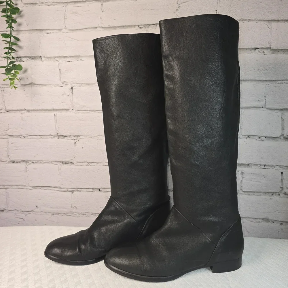 J. CREW BLACK SOFT LEATHER PULL ON KNEE HIGH BLACK BOOTS WOMENS SIZE 8